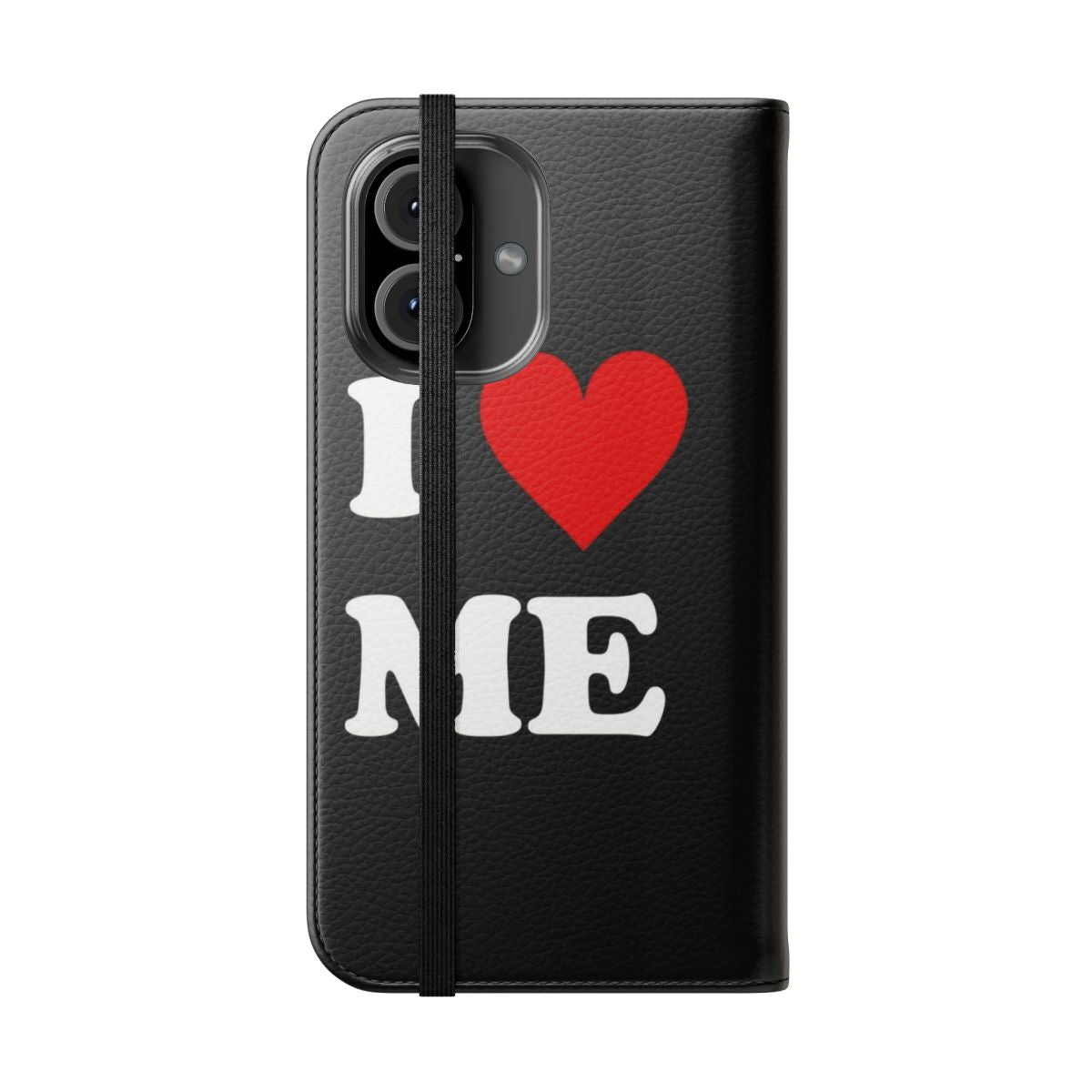 Heart-shaped flip phone case with "I Love Me" design - Folded Front