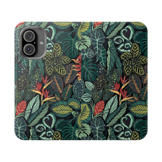 Flip phone case with a vibrant print of tropical leaves, including calathea, bird of paradise, and other lush botanicals.