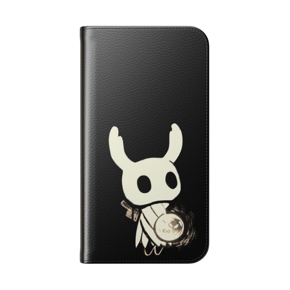 Black and white illustration of the Knight character from the indie game Hollow Knight on a smartphone flip cover case - Folded Back