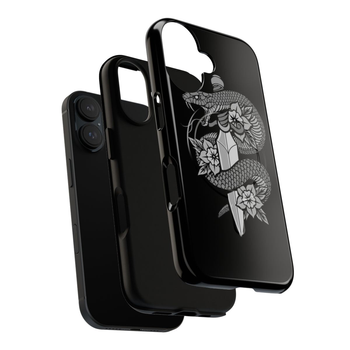 Magnetic tough phone cases featuring a snake and dagger design in a dark, traditional style. - Layers