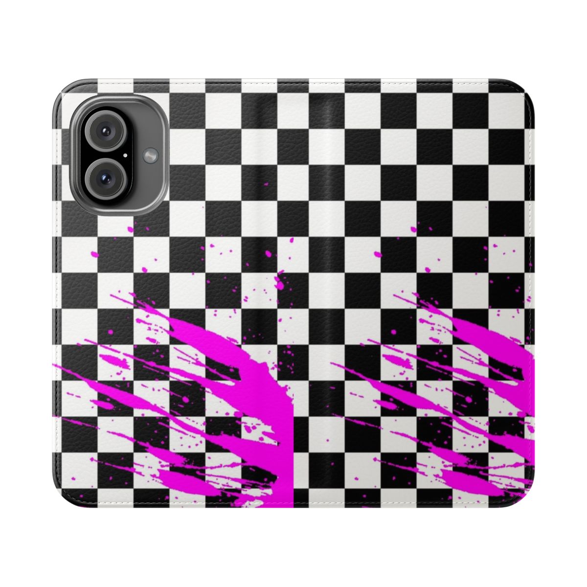 Kokichi-themed flip cover phone case with a check pattern design