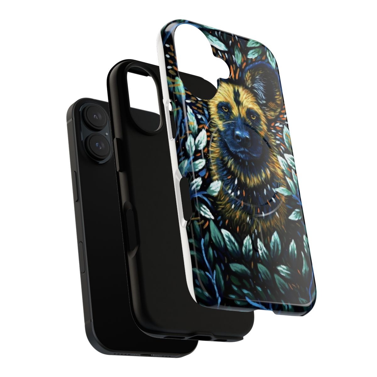 Colorful and psychedelic phone case with an artistic depiction of a wild dog - Layers