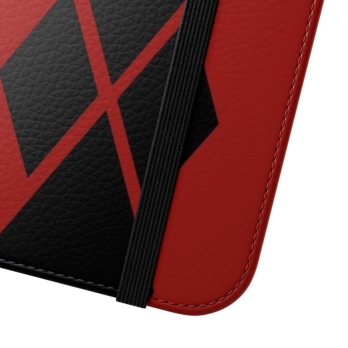 Flip cover phone case with a bold diamond pattern in black and red colors - Close Up