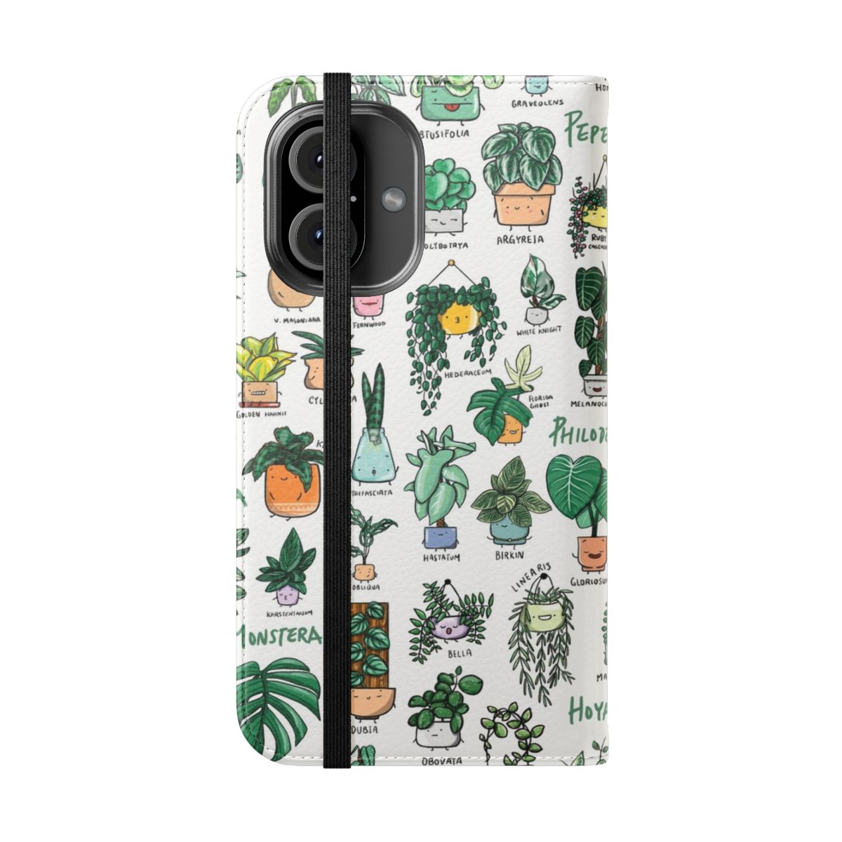 Flip phone case featuring a botanical pattern of monstera and philodendron leaves in shades of green. - Folded Front