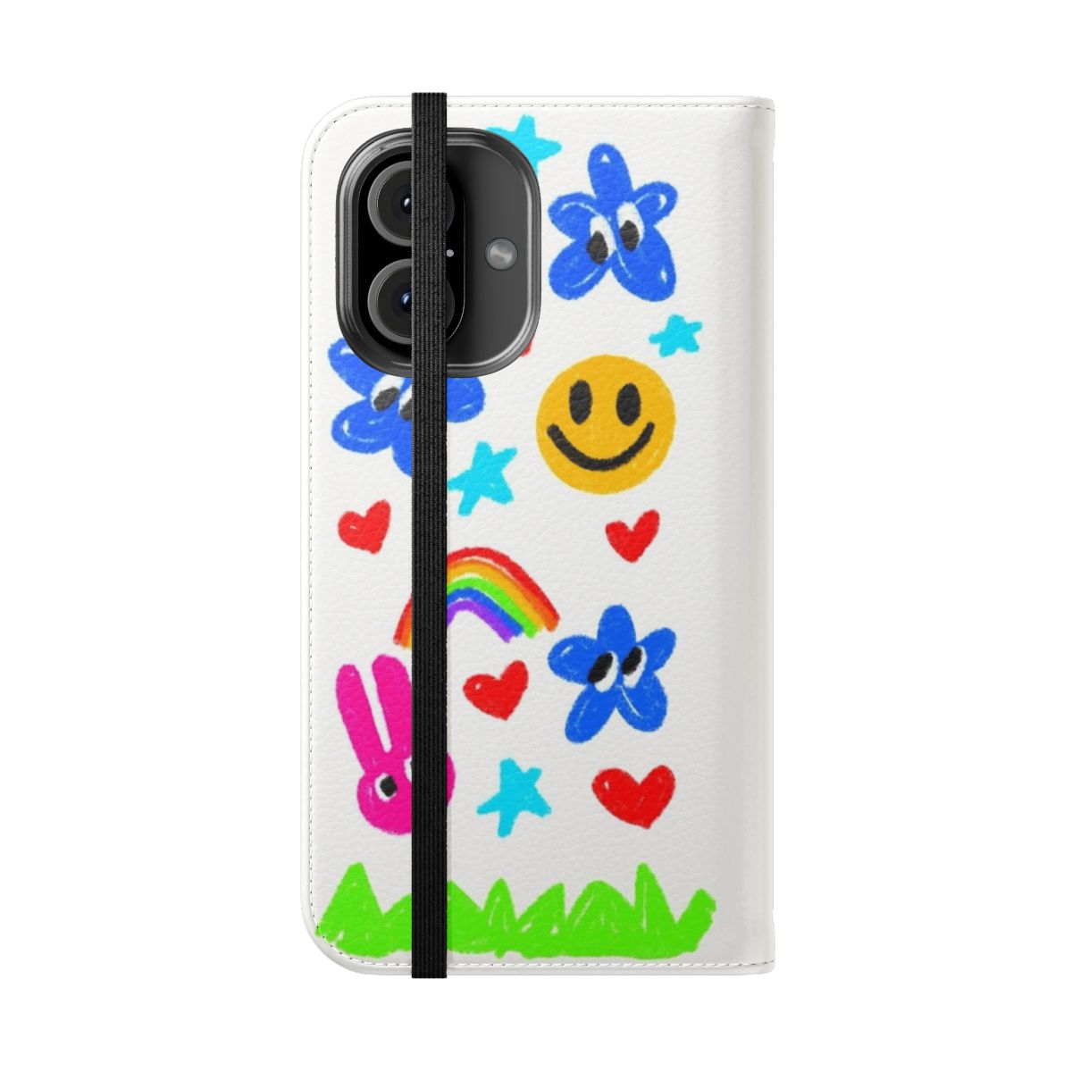 Colorful doodle design phone case with rainbow, hearts, and smiley faces - Folded Front