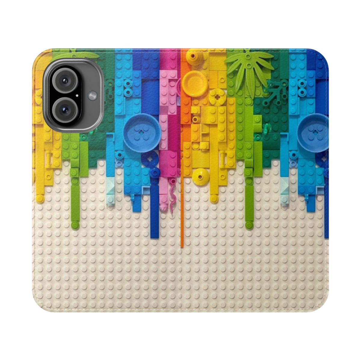 A vibrant flip phone case featuring Lego-inspired neon graphics and x-ray skeleton designs.