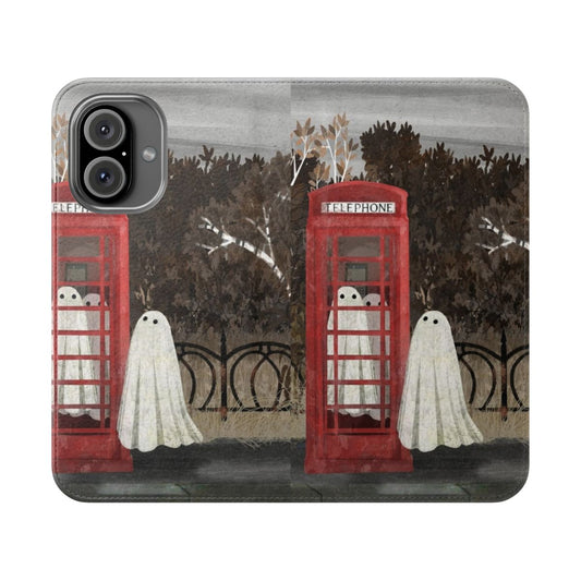 Spooky vintage-style phone box flip cover case with a haunted, creepy-cute design.