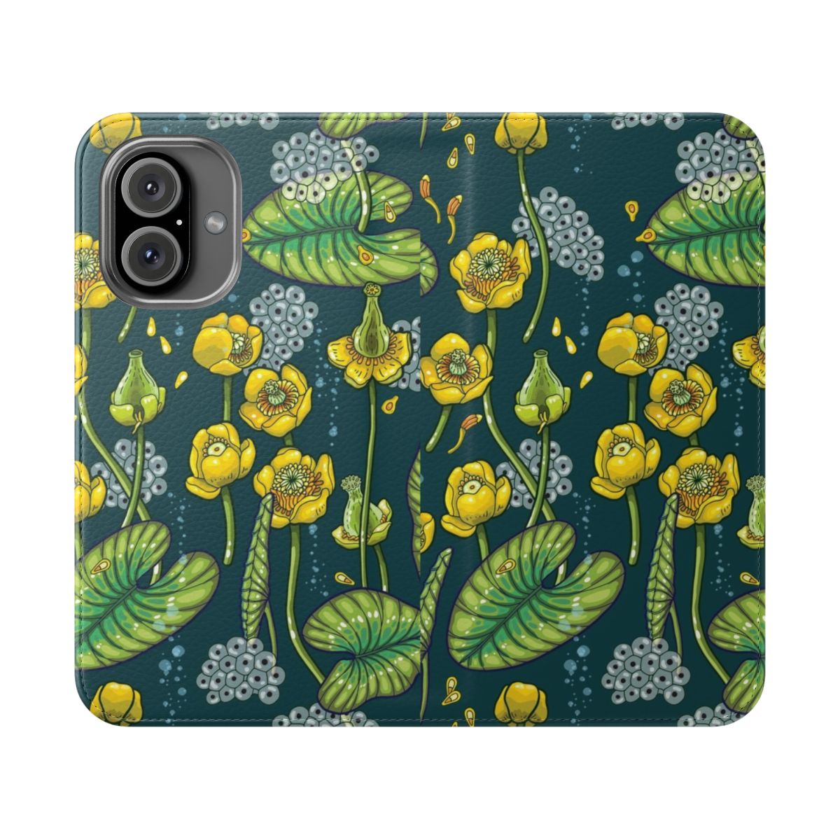 Flip cover phone case featuring a serene river scene with water lilies, tadpoles, and other aquatic life.