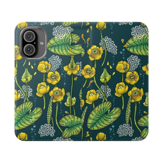 Flip cover phone case featuring a serene river scene with water lilies, tadpoles, and other aquatic life.