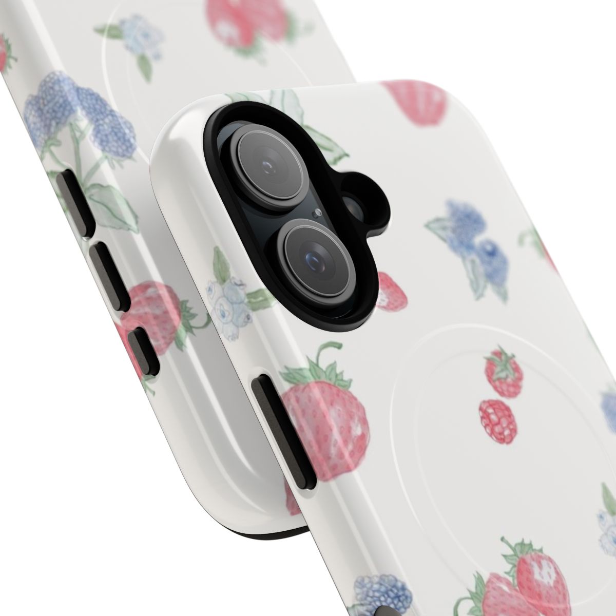 A vibrant berry print phone case with a magnetic, tough design. - Detail