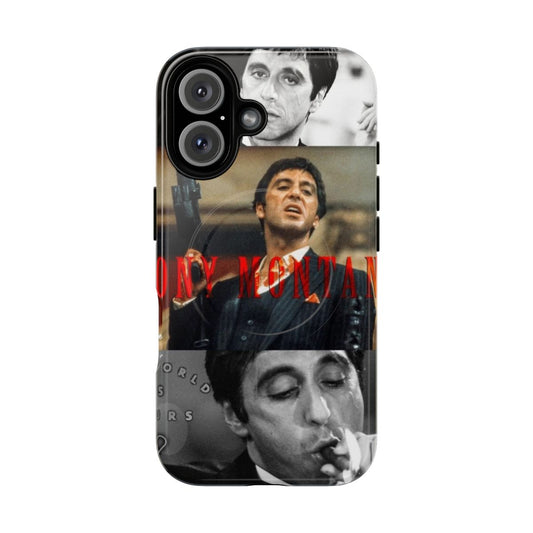 A tough, magnetic phone case inspired by the iconic film Scarface and featuring the character Tony Montana.