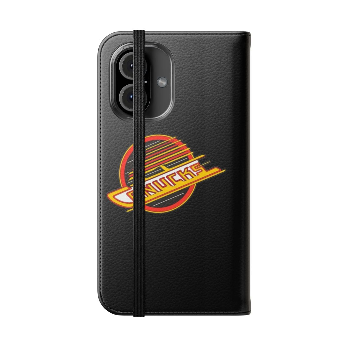 Retro-inspired flip cover phone case featuring the iconic Vancouver Canucks hockey team logo and colors. - Folded Front