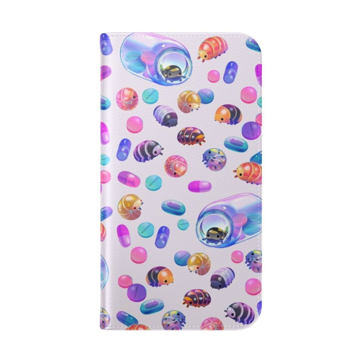 Pill bug themed phone case with a flip cover design - Folded Back