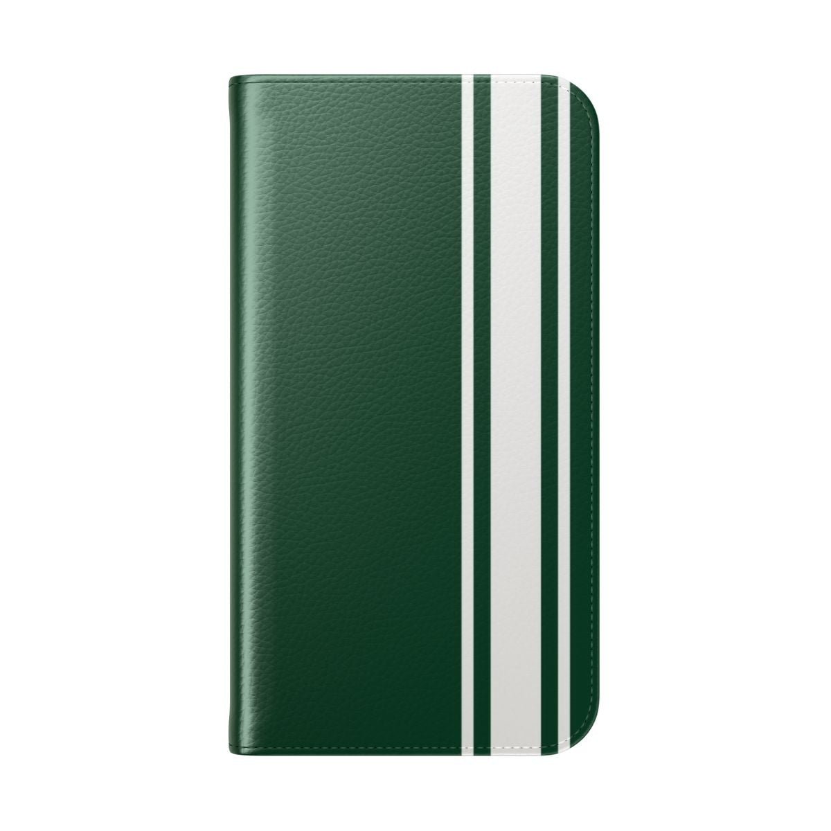 Dark green phone case with white pinstripes, inspired by classic British racing cars - Folded Back