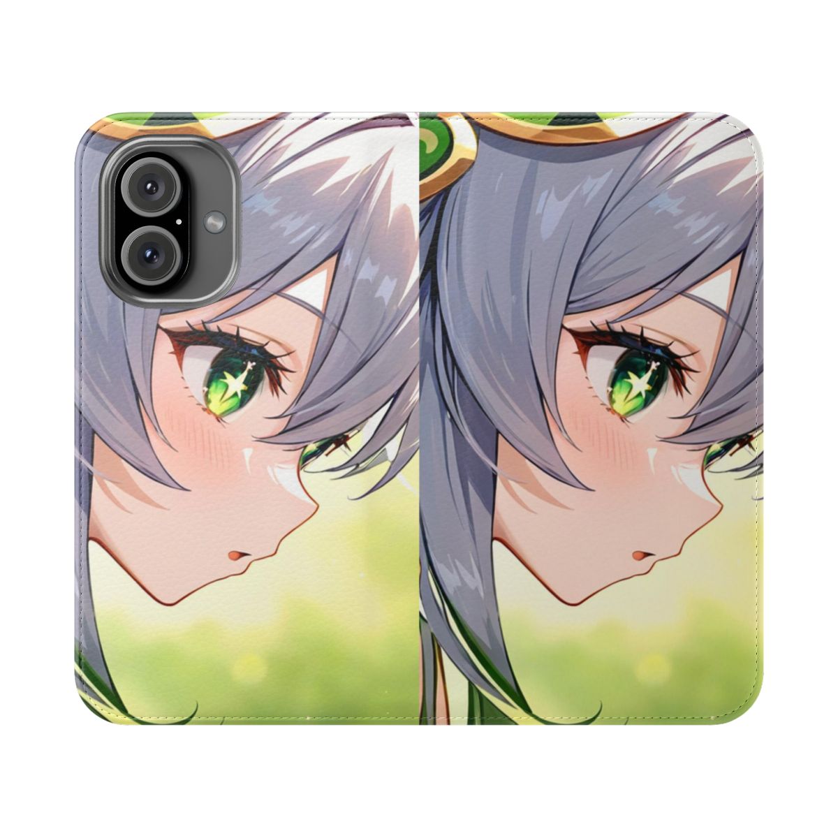 Nahida-inspired anime-style flip cover phone case for Genshin Impact fans