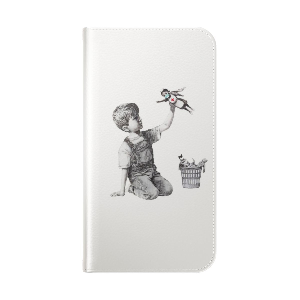 Banksy-inspired flip cover phone case featuring a tribute to nurses and healthcare workers - Folded Back