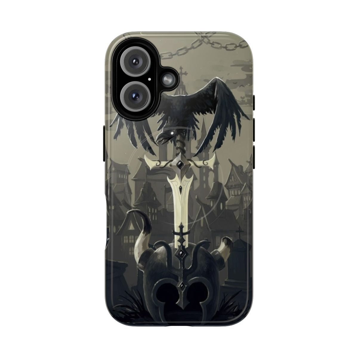 Dark fantasy phone case with helmets, swords, chains, and crows