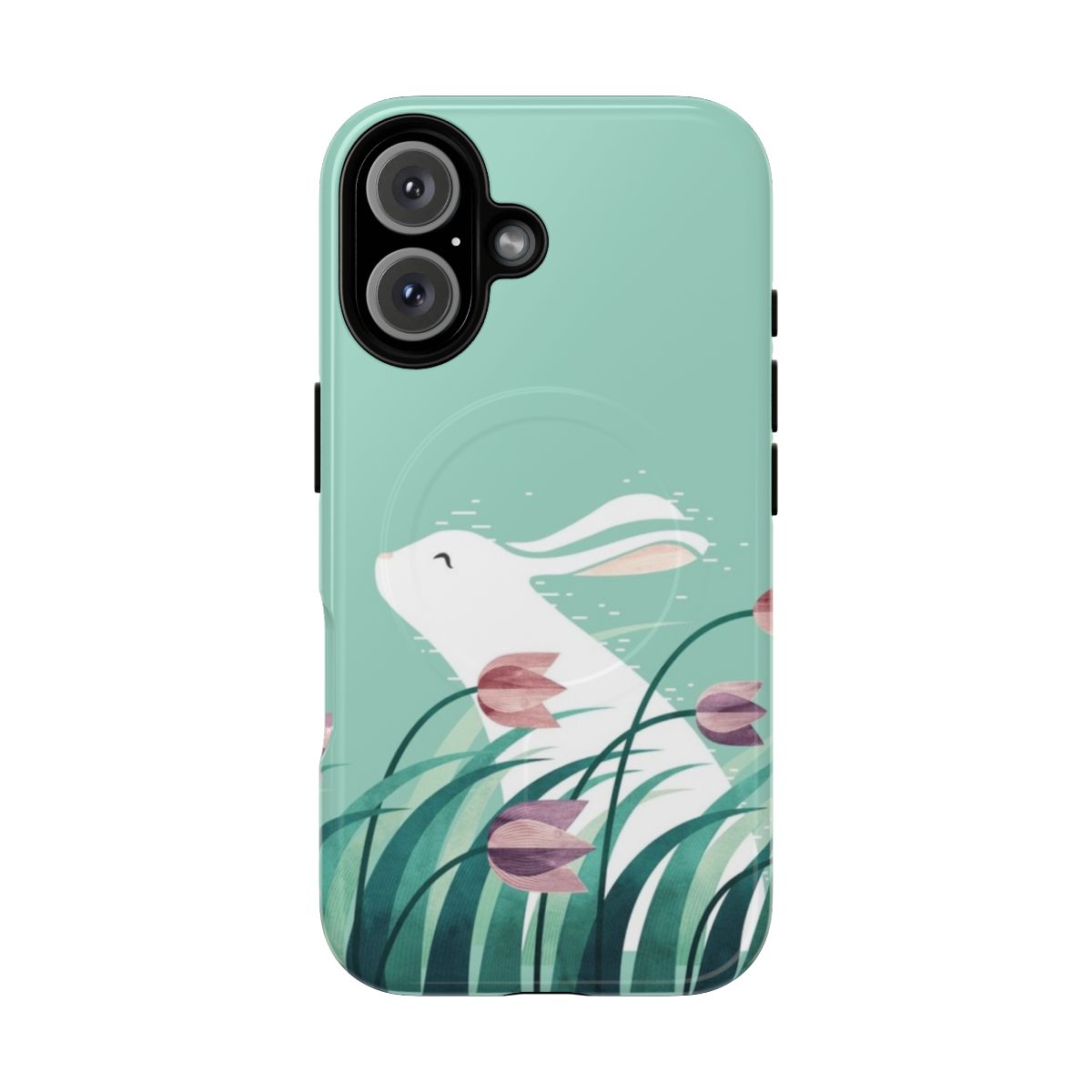 A soft pastel phone case with a resting rabbit and springtime floral design.