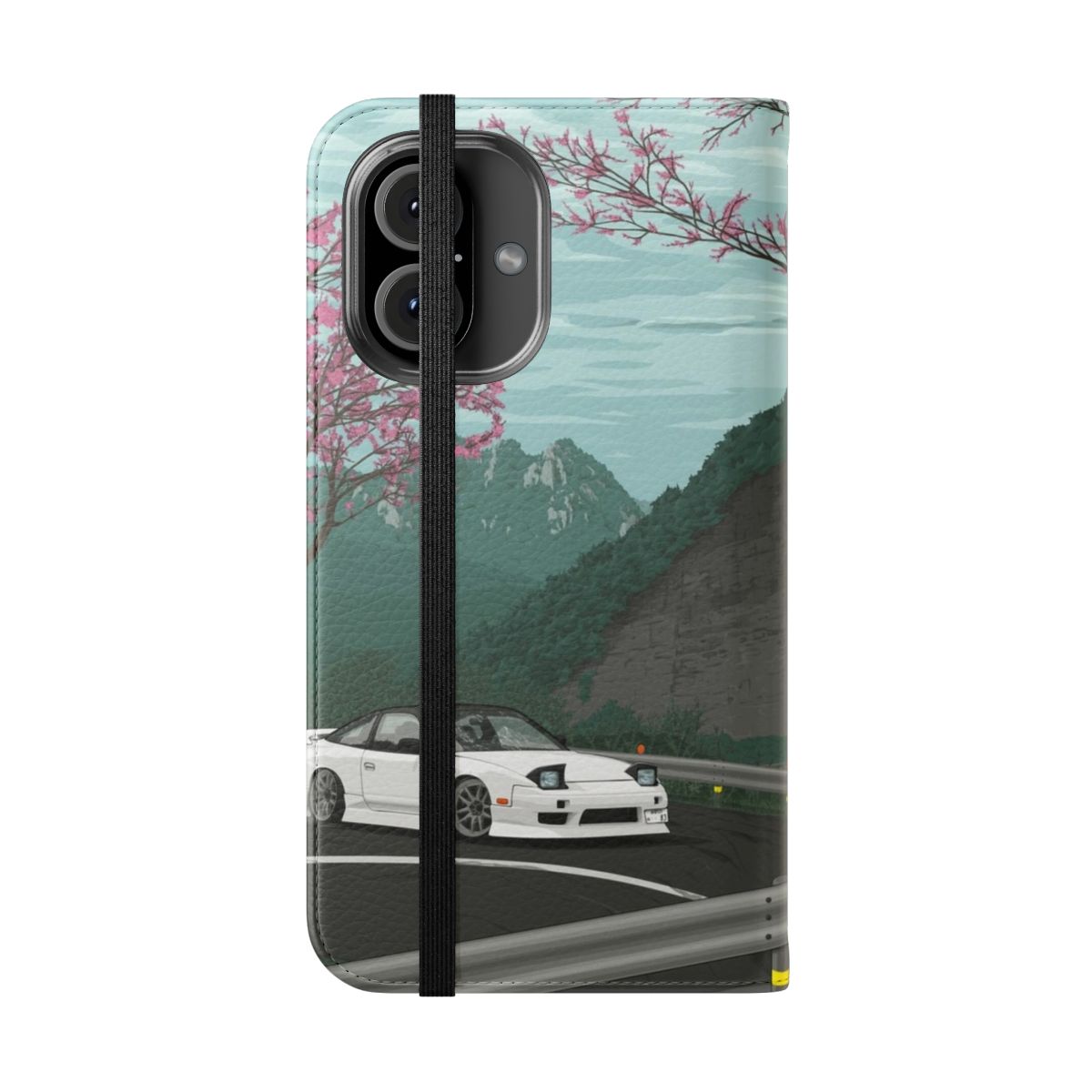 Flip cover phone case featuring a Nissan S13 180sx drift design - Folded Front