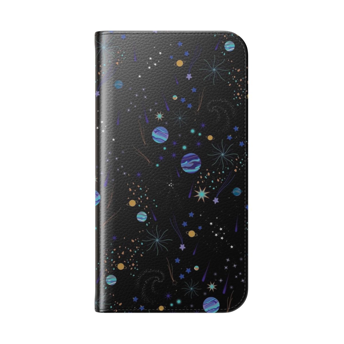 A flip phone case cover with a vibrant cosmic space-themed pattern featuring stars, planets, comets, and a nebula in shades of black, purple, blue, and gold. - Folded Back