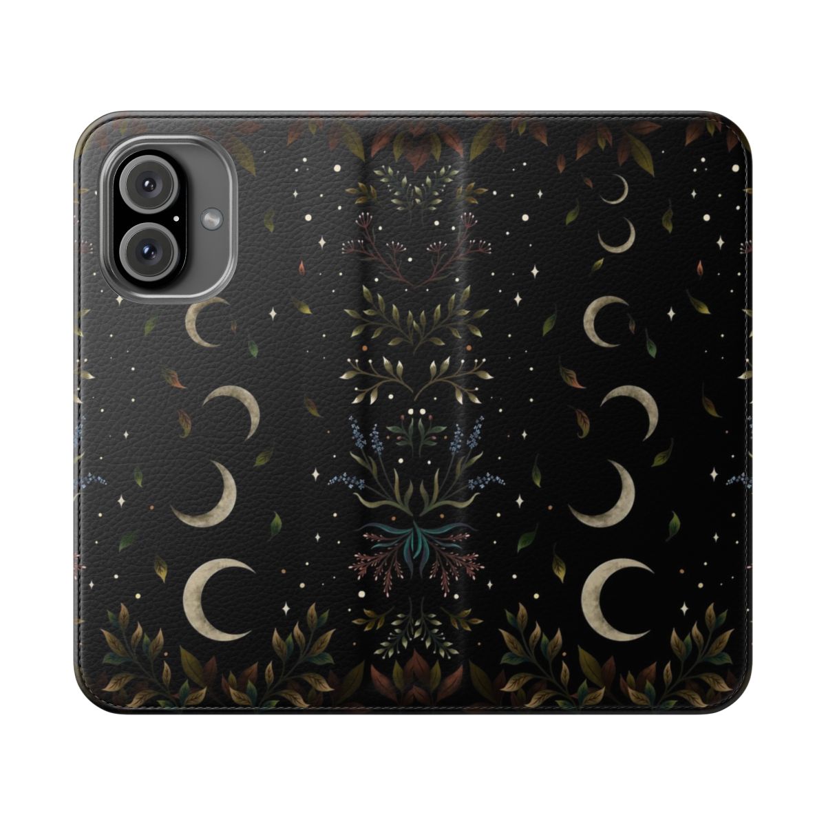 Crescent moon and autumn leaves printed on a flip cover phone case