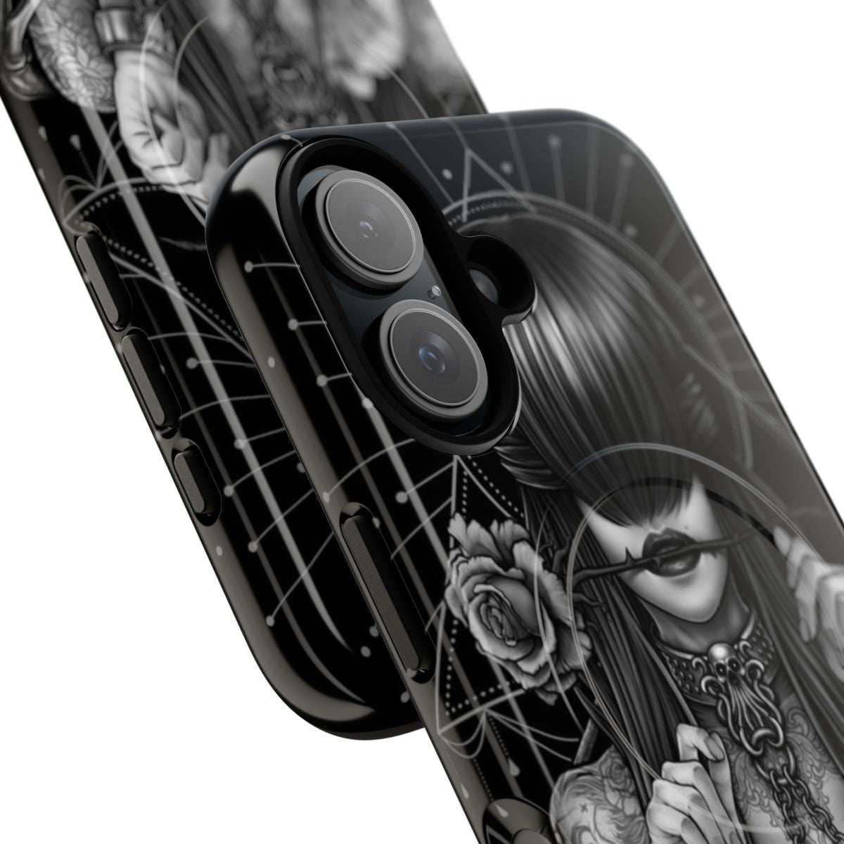 Magnetic tough phone case featuring a surreal "see no evil" design in black and white. - Detail