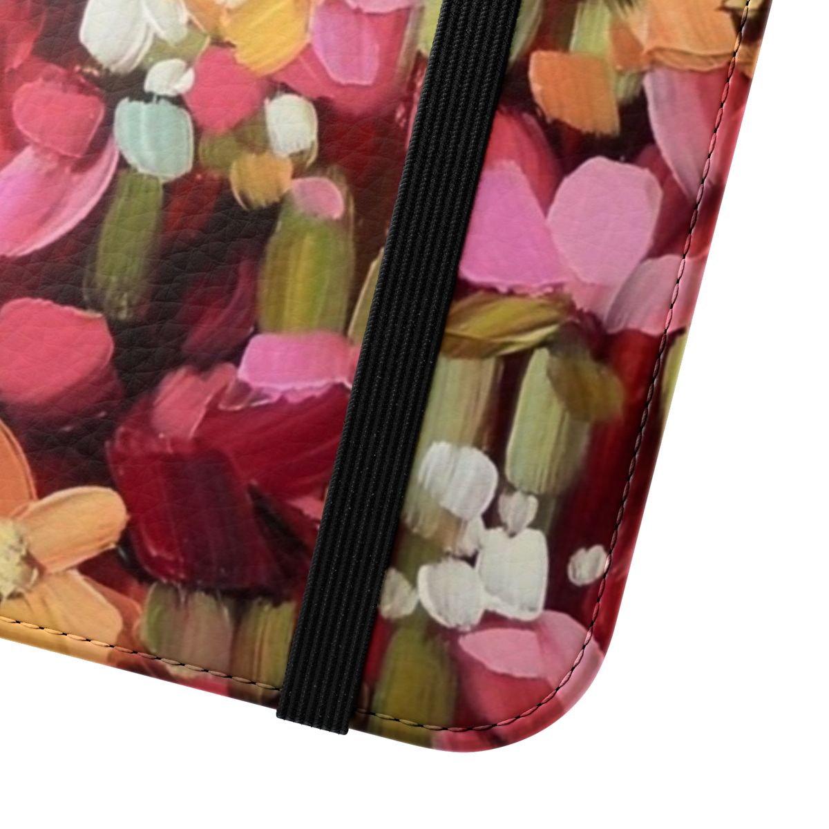 Vibrant flip cover phone case featuring a design of bumblebees and flowers - Close Up