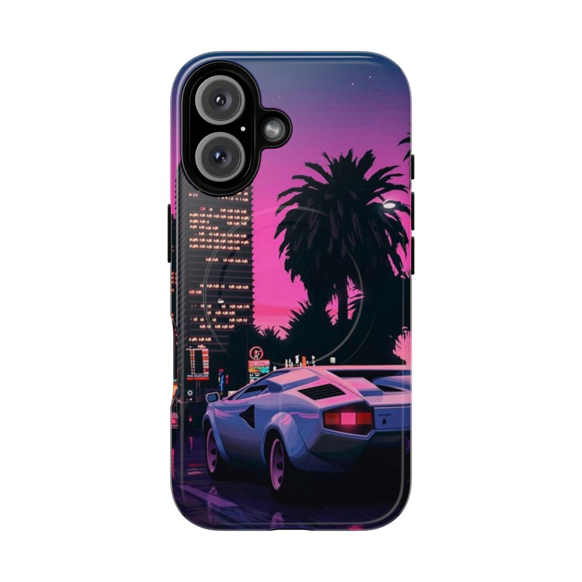 Retro aesthetic art phone case featuring a vaporwave-inspired city skyline with palm trees and neon grid