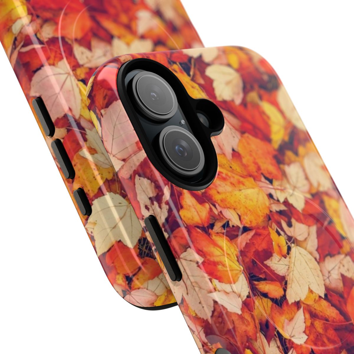 Closeup of scarlet and orange fall leaves on a phone case - Detail