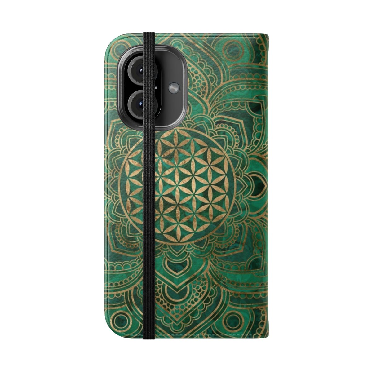 A vibrant malachite and gold phone case featuring a sacred geometry lotus flower design. - Folded Front