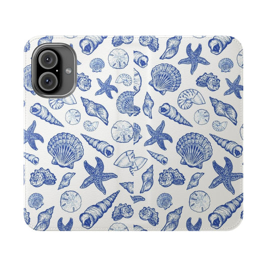 Stylish blue seashell print phone case with various sea life designs