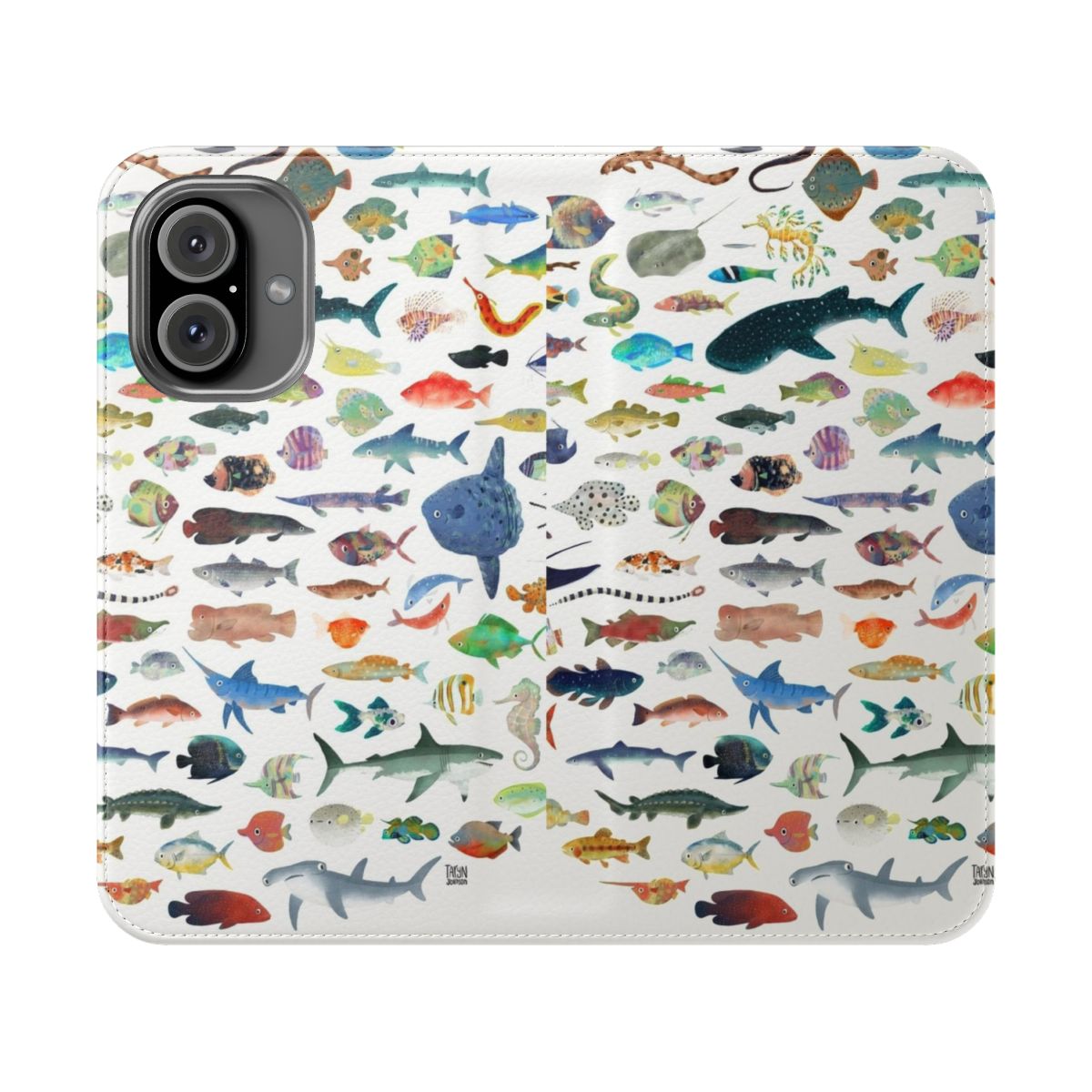 Colorful flip phone case featuring an array of marine creatures like sharks, whales, and fish.