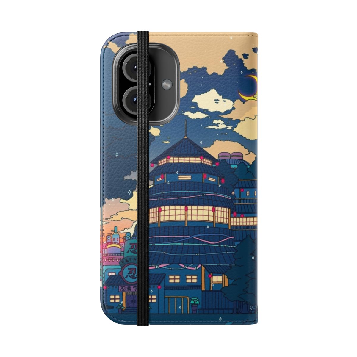 Anime-inspired flip phone case with a surreal, aesthetic design featuring a sad moon and Japanese elements - Folded Front