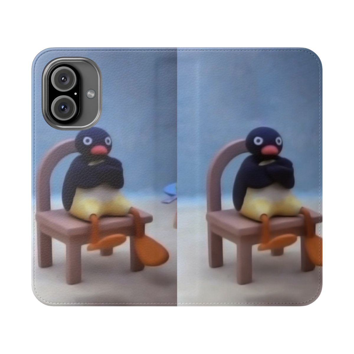 A colorful flip cover phone case featuring the beloved Pingu cartoon character.