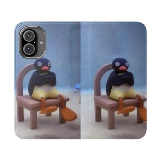 A colorful flip cover phone case featuring the beloved Pingu cartoon character.