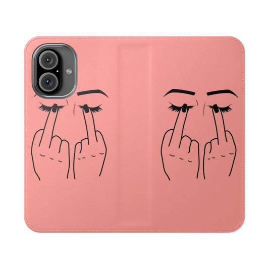 Stylish flip cover phone case with a unique middle finger and eye design