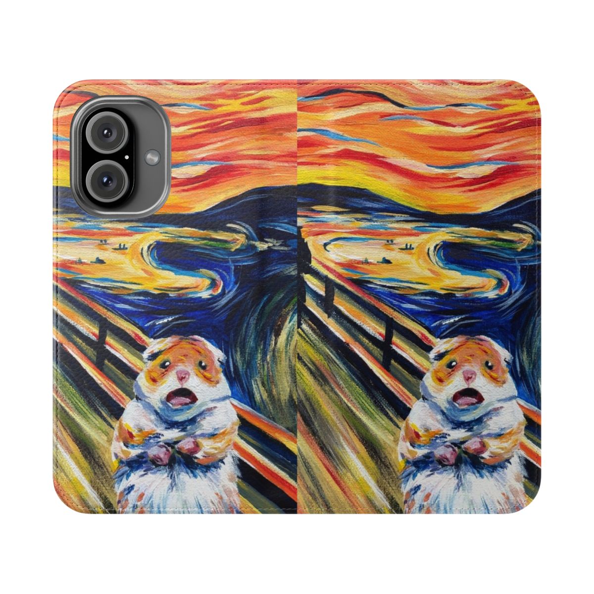 Colorful and quirky phone case featuring an abstract expressionist hamster design