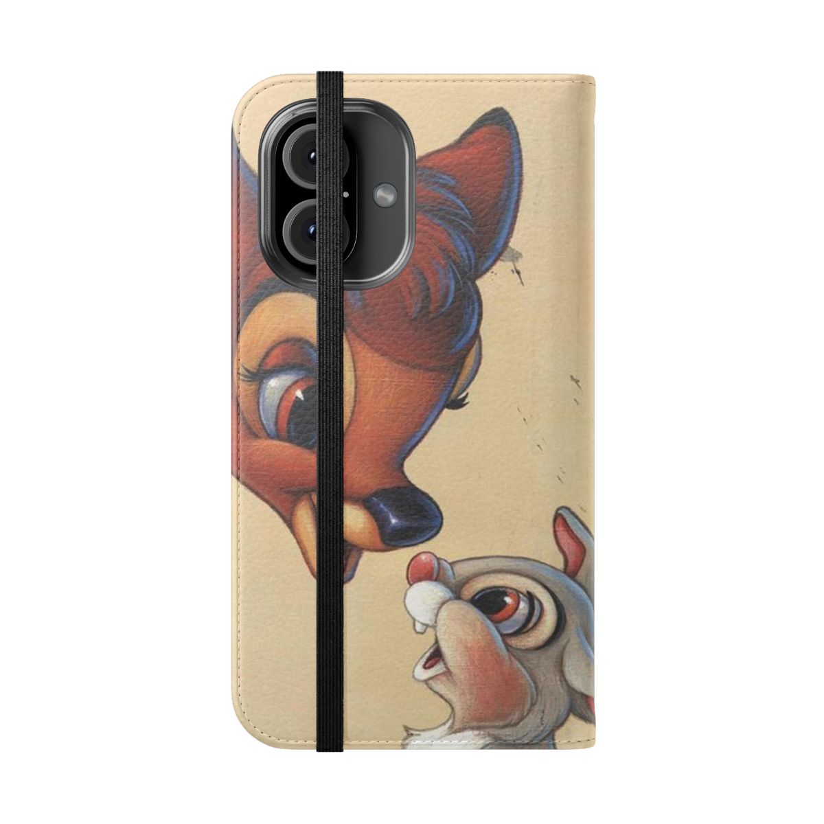 Flip cover phone case featuring a sweet illustration of Bambi the fawn and Thumper the rabbit in a natural setting. - Folded Front