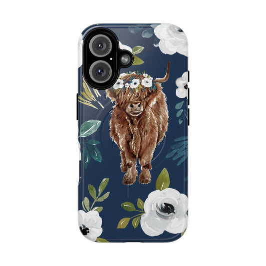 Watercolor floral pattern with a highland cow, perfect for a farmhouse chic phone case