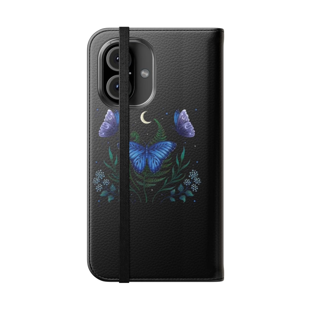 A blue morpho butterfly phone case featuring a flip cover design for night garden enthusiasts. - Folded Front