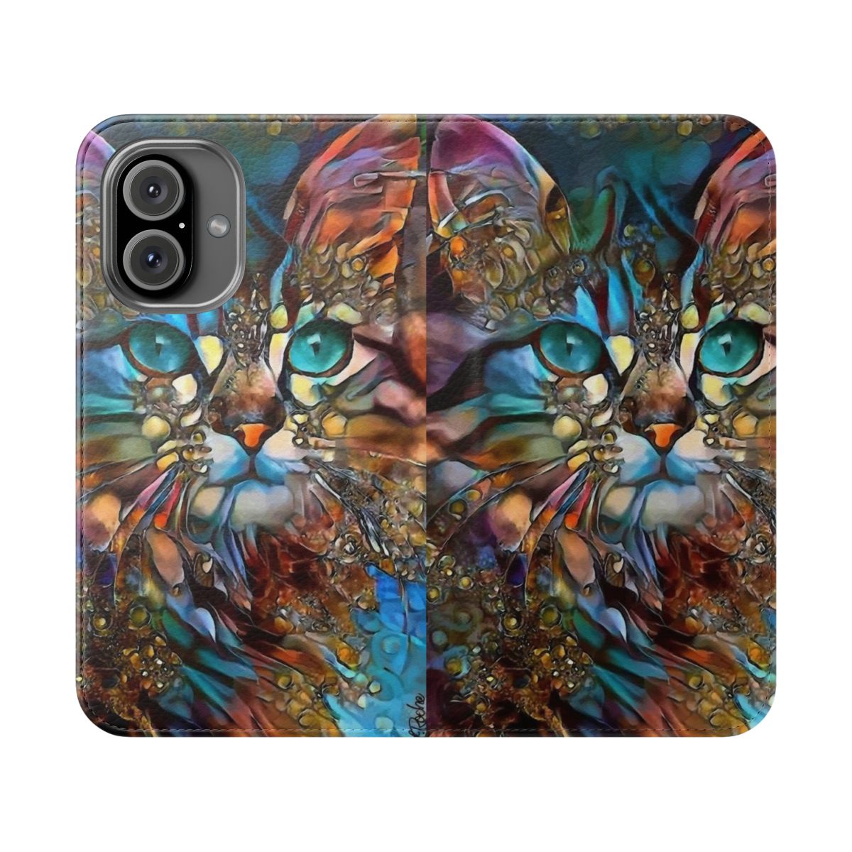 Cat themed flip cover phone case featuring whimsical paintings by artist Lea Roche