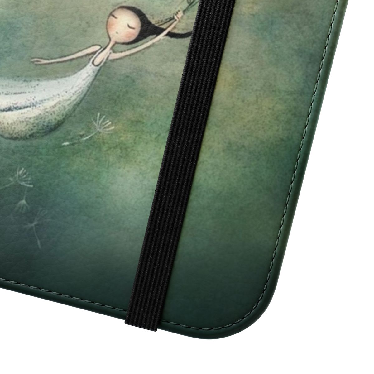 A whimsical flip phone case featuring a dreamy dandelion and fairy design. - Close Up