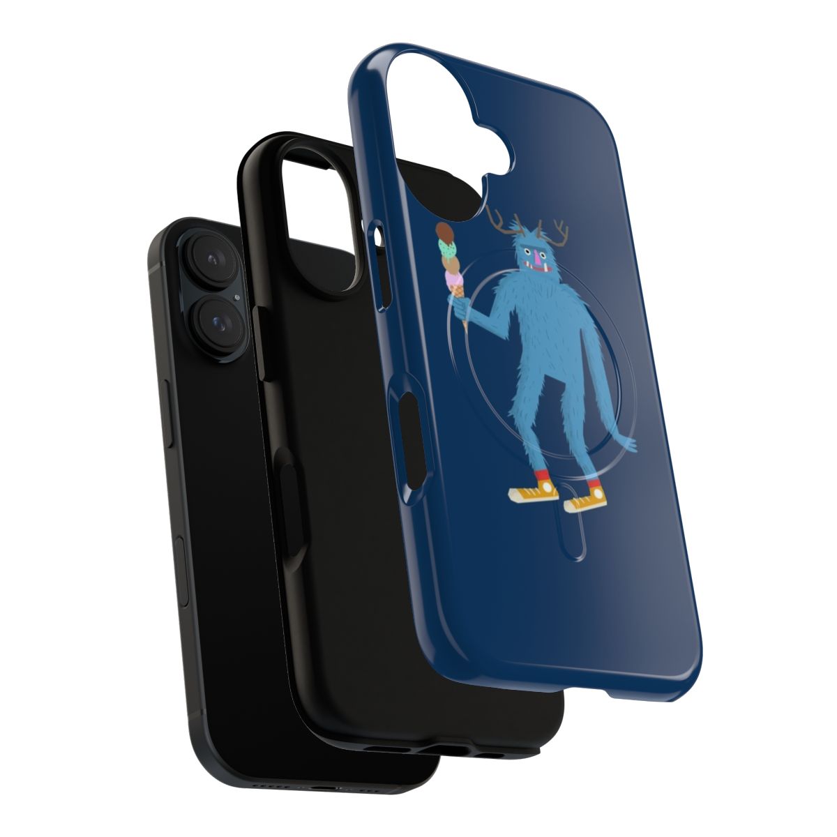 A close-up of a phone case featuring a cartoon-style sasquatch or yeti design. - Layers