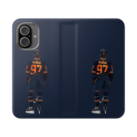 Oilers-inspired flip phone case with team colors and logo