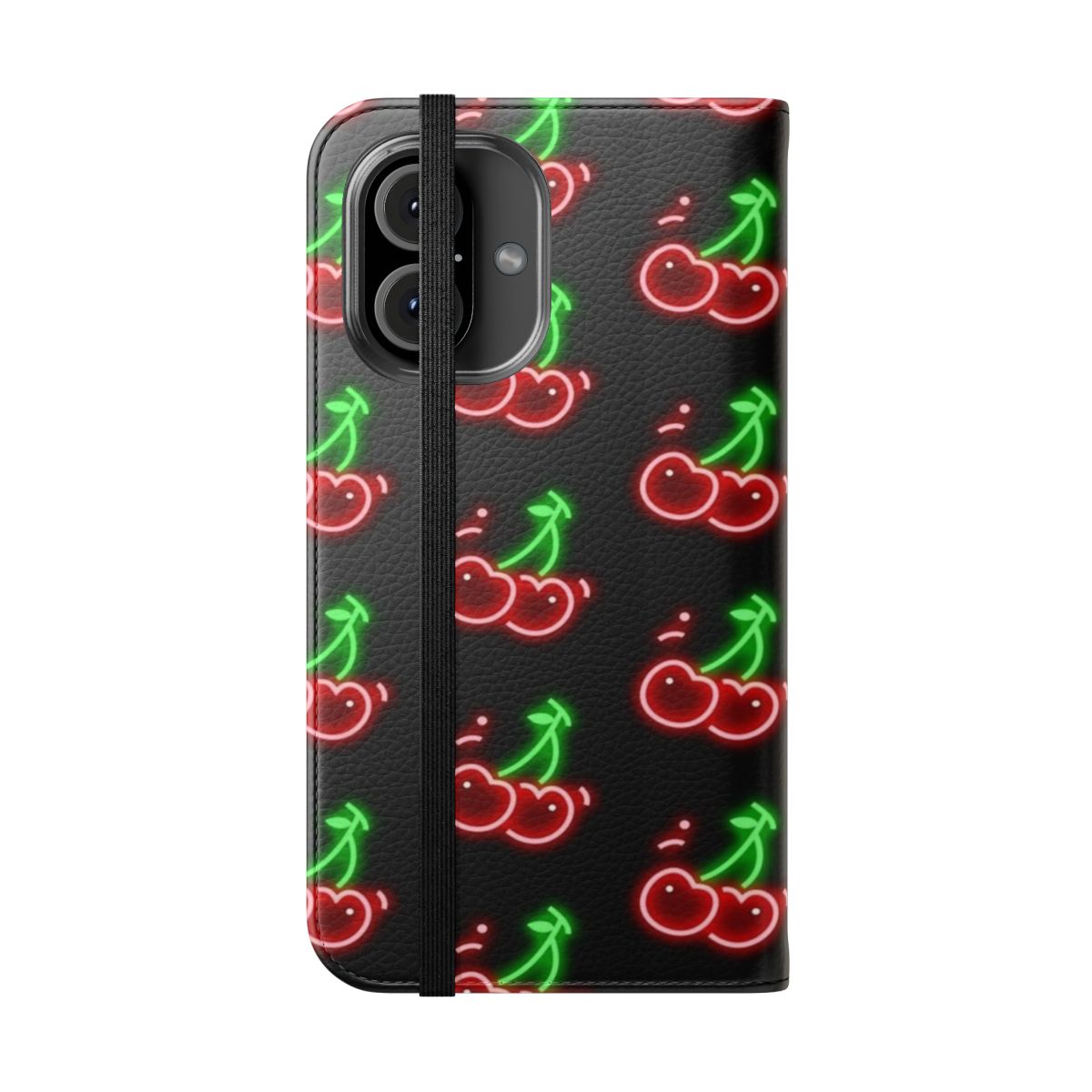 Trendy and creative phone case cover with cherry, red, black, neon glow design for iPhone and Galaxy smartphones - Folded Front