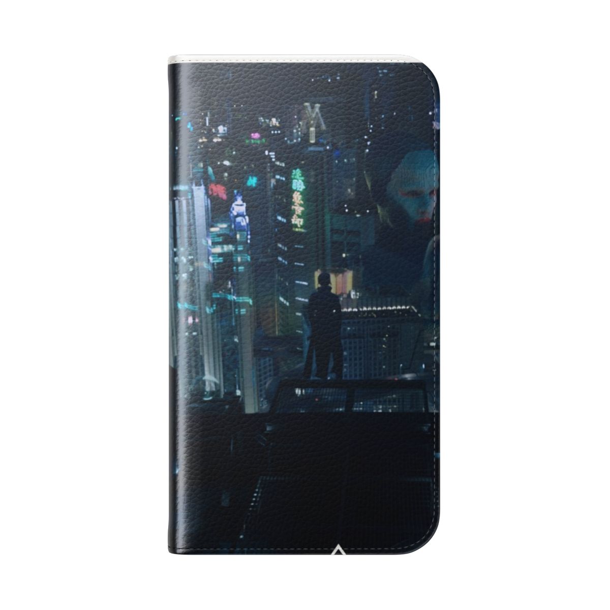 Cyberpunk-themed flip cover phone case featuring a cityscape design inspired by the Ghost in the Shell anime. - Folded Back