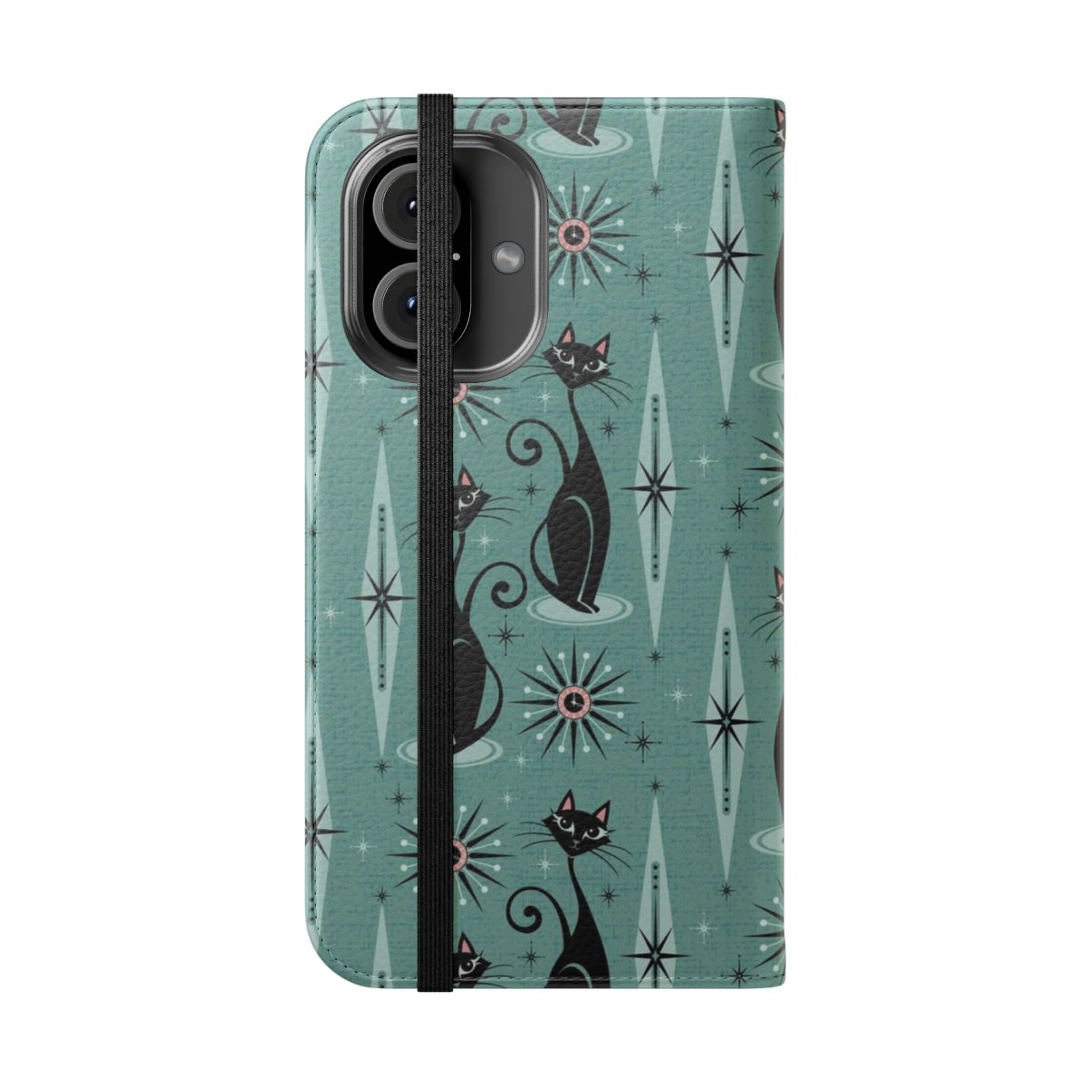 Flip phone case featuring a mid-century style design with cats, starbursts, and diamond patterns - Folded Front