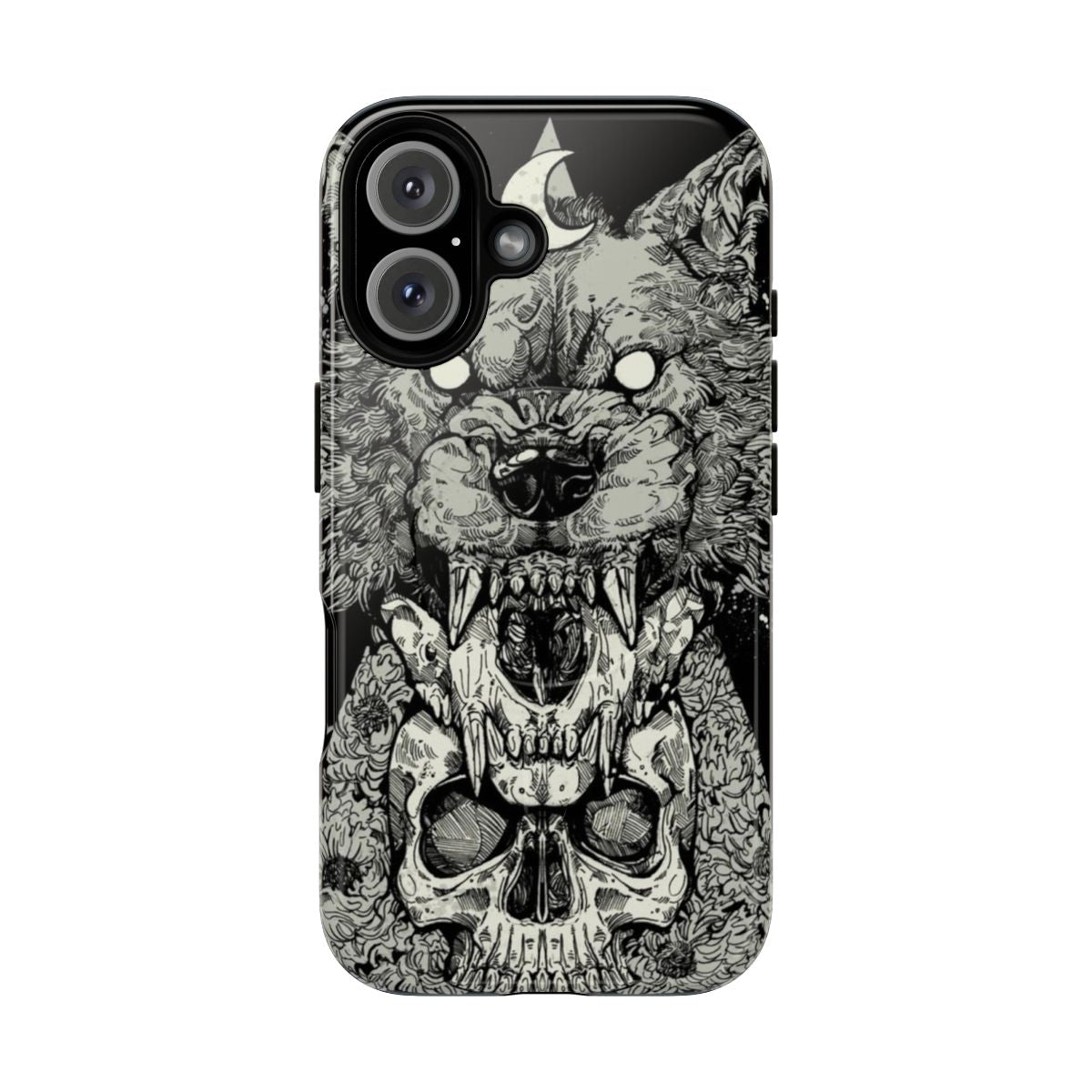 A black magnetic tough phone case featuring a wolf, werewolf, skull, and ink design