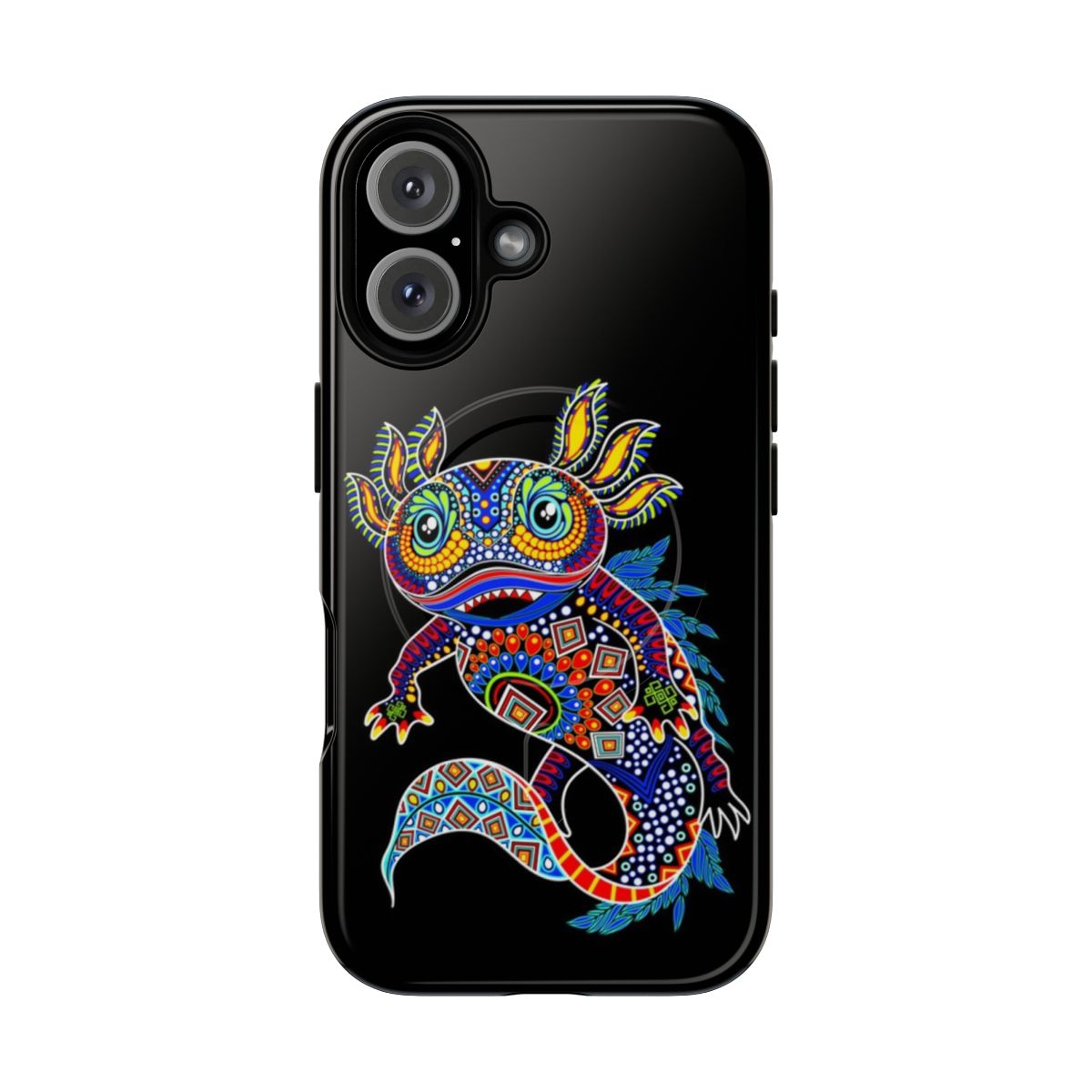 Vibrant phone case featuring a charming axolotl design with Mexican-inspired elements