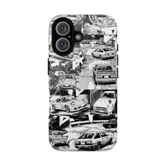 Retro-style collage phone case design inspired by the classic Initial D anime and manga series